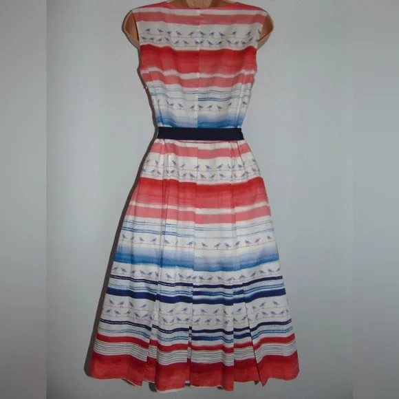 LAURA ASHLEY Seagull Stripe Beach Cotton Fit & Flare Dress Size 12 - Picture 2 of 9